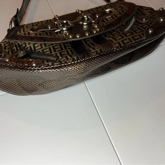 Y2K Monogram Shoulder Bag Brown Snakeskin Trim Fiorelli Vintage 2000s - Picture 5 of 10